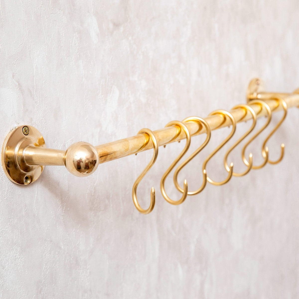 Solid Brass Pot Rail With Hooks, Unlacquered Brass Kitchen Pot Rack, Pot Hangers - handcrafted luxury Hardware and Drains for kitchen and bathroom interiors by Brooklyn Brass