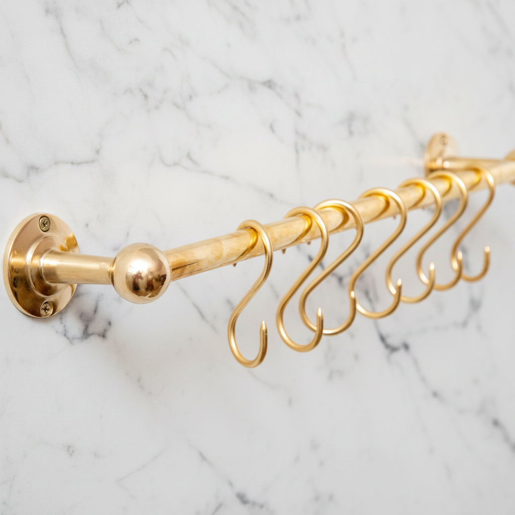 Solid Brass Pot Rail With Hooks, Unlacquered Brass Kitchen Pot Rack, Pot Hangers - handcrafted luxury Hardware and Drains for kitchen and bathroom interiors by Brooklyn Brass