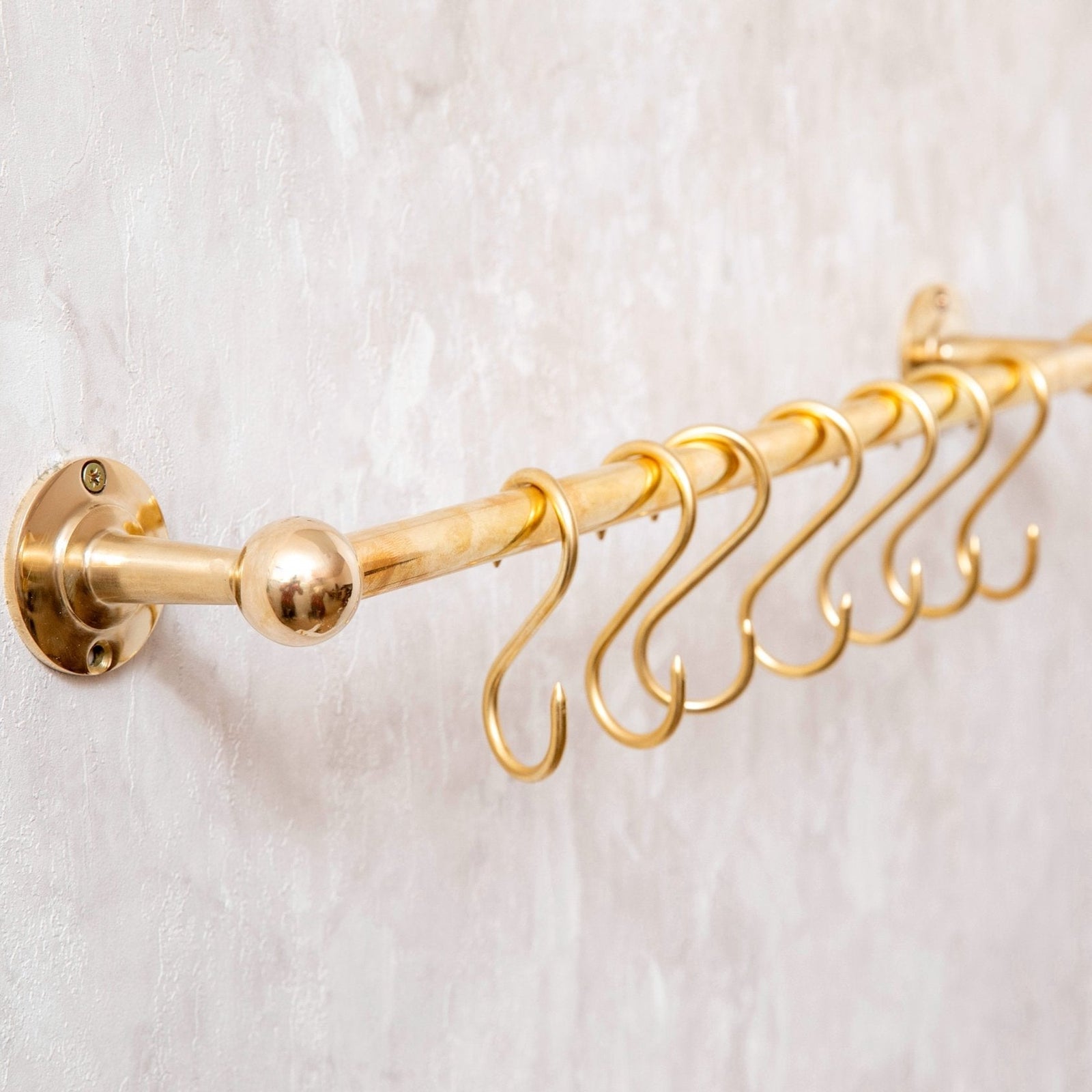Solid Brass Pot Rail With Hooks, Unlacquered Brass Kitchen Pot Rack, Pot Hangers - handcrafted luxury Hardware and Drains for kitchen and bathroom interiors by Brooklyn Brass