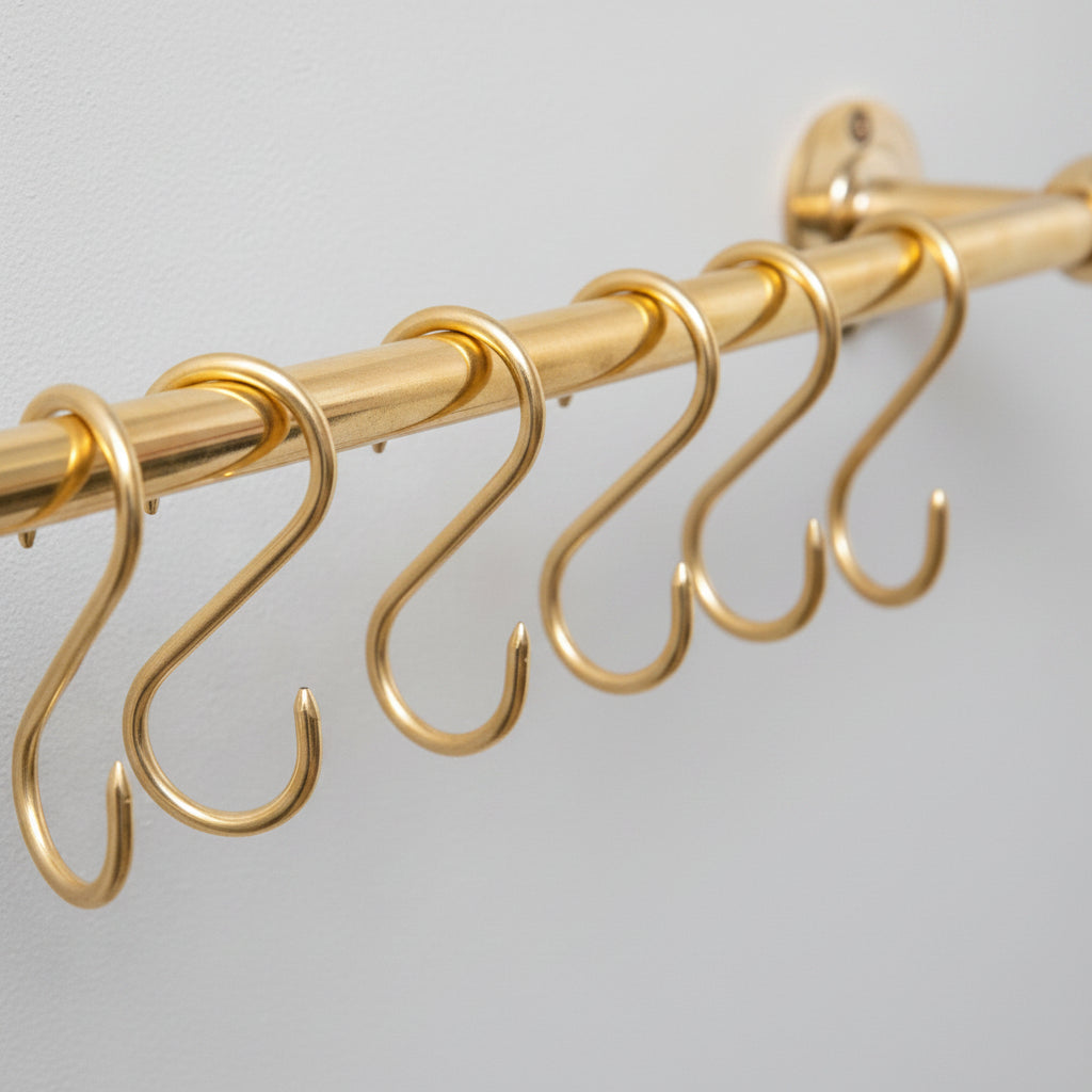 Solid Brass Pot Rail With Hooks, Unlacquered Brass Kitchen Pot Rack, Pot Hangers - handcrafted luxury Hardware and Drains for kitchen and bathroom interiors by Brooklyn Brass