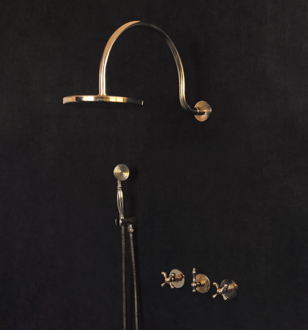 Solid Brass Rainfall Shower, Unlacquered Brass 2 outlet Shower Set - handcrafted luxury Showers for kitchen and bathroom interiors by Brooklyn Brass