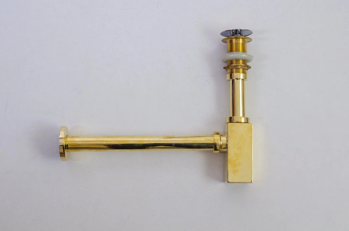 Solid Unlacquered Brass P - trap and Sink Stopper, Push Up Button, Pop Up Drain, Brass Water Trap - handcrafted luxury Hardware and Drains for kitchen and bathroom interiors by Brooklyn Brass