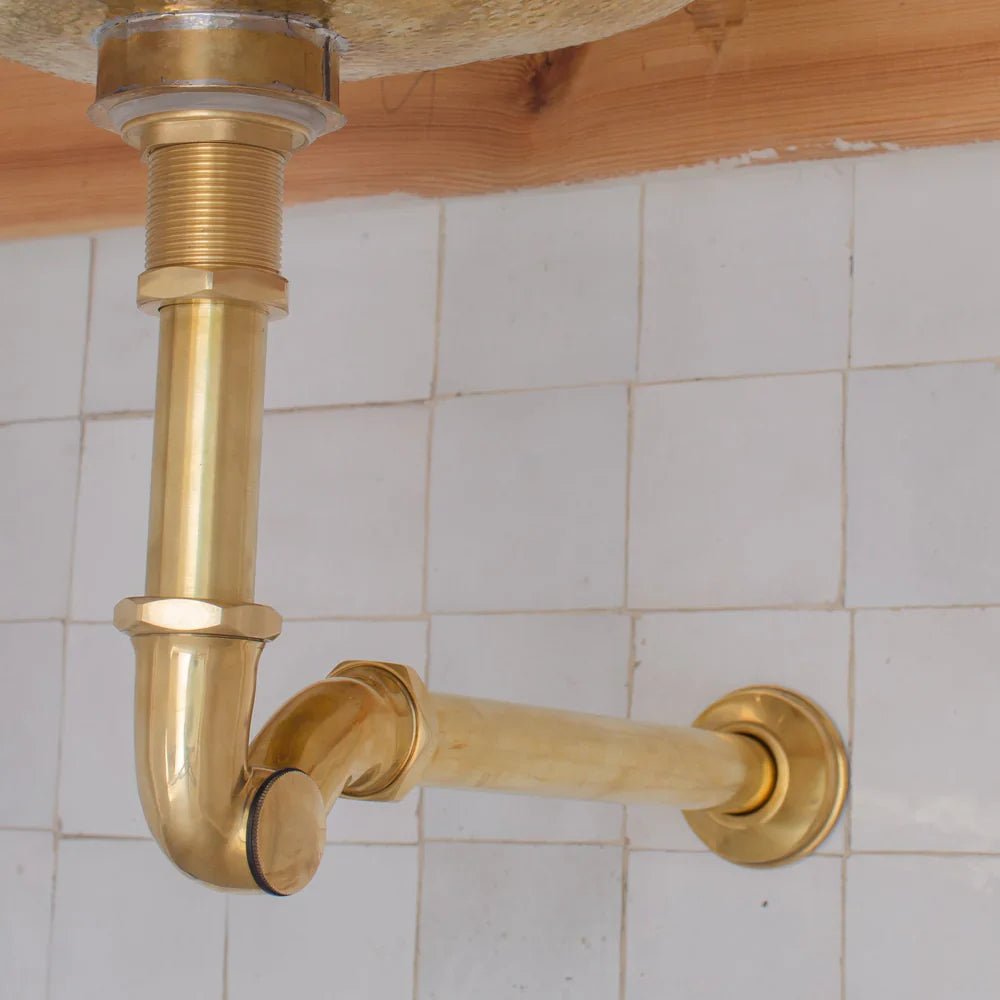 Solid Unlacquered Brass S - trap and Sink Stopper, Push Up Button, Pop Up Drain, Brass Water Trap - handcrafted luxury Hardware and Drains for kitchen and bathroom interiors by Brooklyn Brass