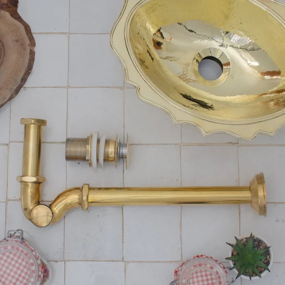 Solid Unlacquered Brass S - trap and Sink Stopper, Push Up Button, Pop Up Drain, Brass Water Trap - handcrafted luxury Hardware and Drains for kitchen and bathroom interiors by Brooklyn Brass