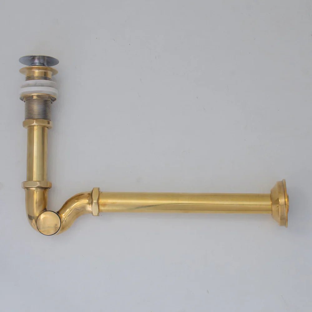 Solid Unlacquered Brass S - trap and Sink Stopper, Push Up Button, Pop Up Drain, Brass Water Trap - handcrafted luxury Hardware and Drains for kitchen and bathroom interiors by Brooklyn Brass