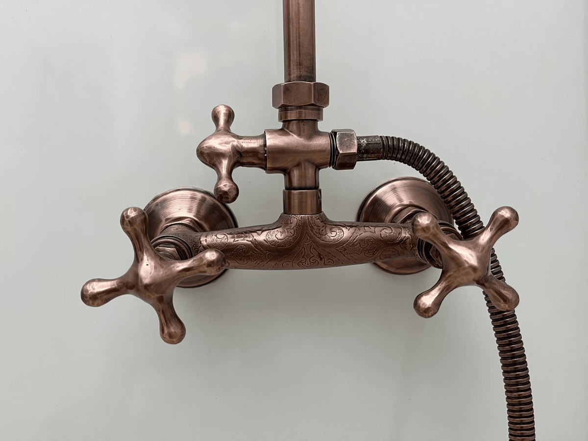 Unlacquered Aged Copper Shower System with Handheld - Aged Copper Exposed Shower - handcrafted luxury Shower Systems for kitchen and bathroom interiors by Brooklyn Brass