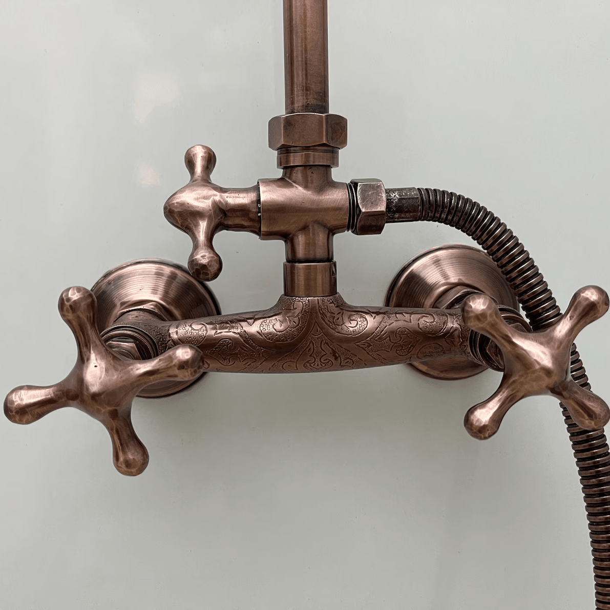 Unlacquered Aged Copper Shower System with Handheld - Aged Copper Exposed Shower - handcrafted luxury Shower Systems for kitchen and bathroom interiors by Brooklyn Brass