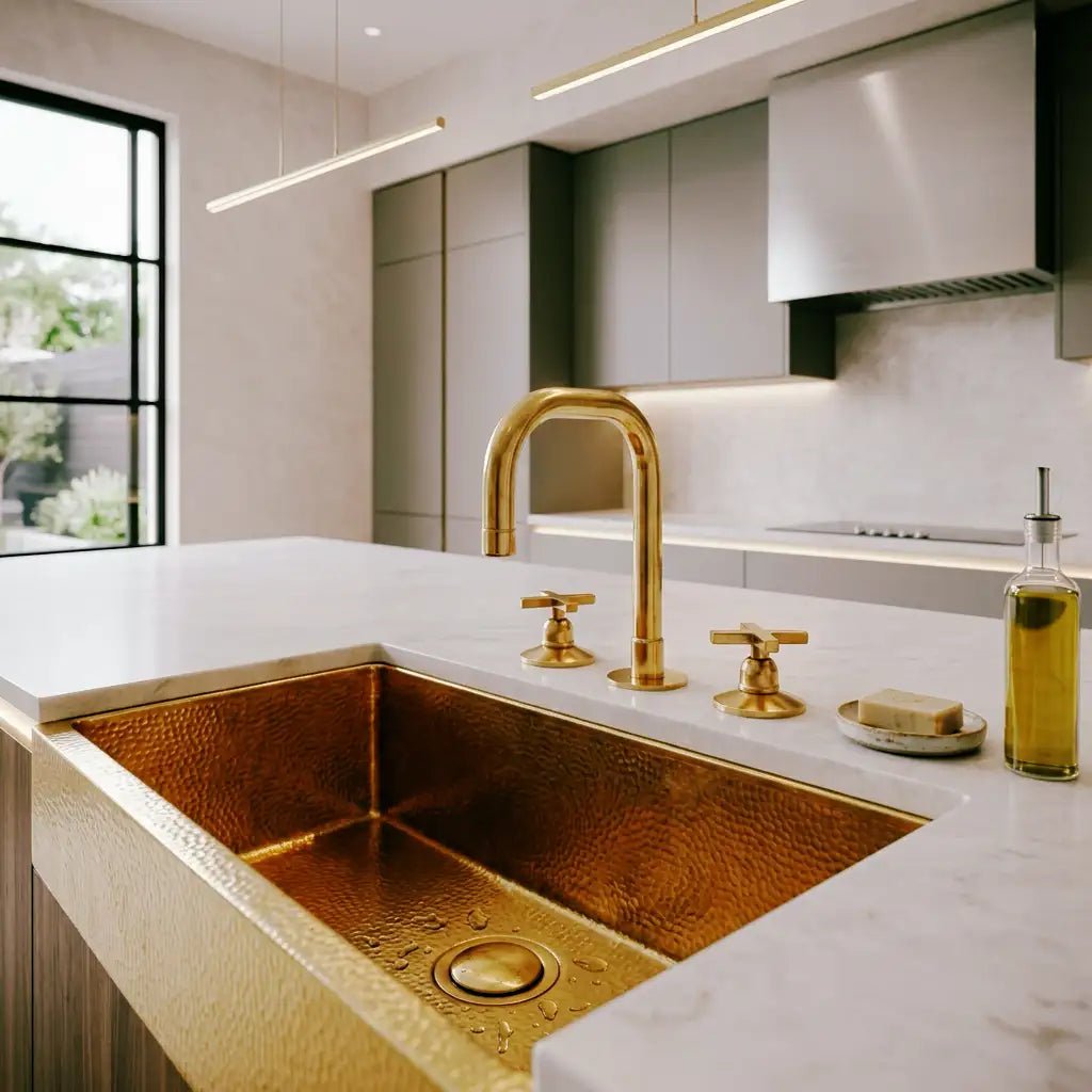 Unlacquered Brass 3 Holes Widespread Faucet - Deck Mount Brass Bathroom Tap - handcrafted luxury Bathroom Faucets for kitchen and bathroom interiors by Brooklyn Brass