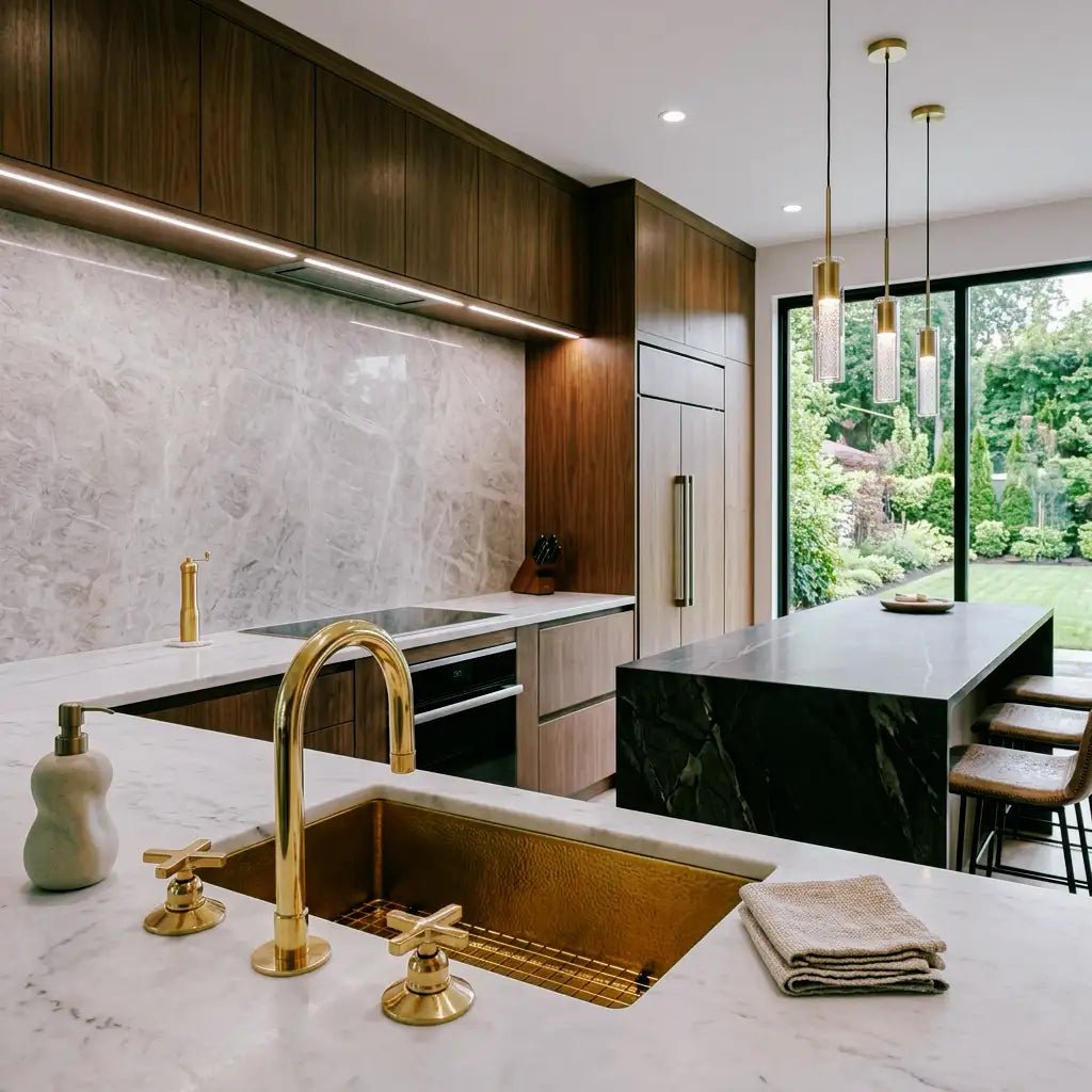 Unlacquered Brass 3 Holes Widespread Faucet - Deck Mount Brass Bathroom Tap - handcrafted luxury Bathroom Faucets for kitchen and bathroom interiors by Brooklyn Brass