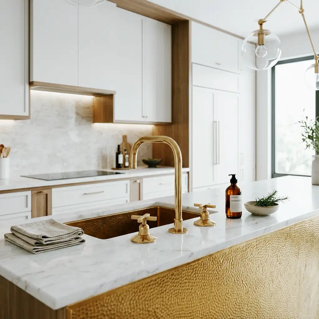 Unlacquered Brass 3 Holes Widespread Faucet - Deck Mount Brass Bathroom Tap - handcrafted luxury Bathroom Faucets for kitchen and bathroom interiors by Brooklyn Brass