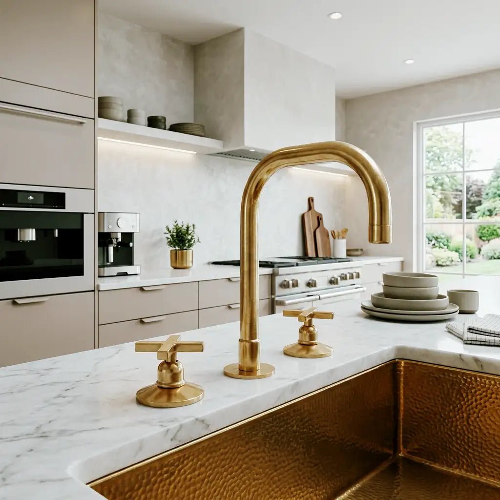 Unlacquered Brass 3 Holes Widespread Faucet - Deck Mount Brass Bathroom Tap - handcrafted luxury Bathroom Faucets for kitchen and bathroom interiors by Brooklyn Brass