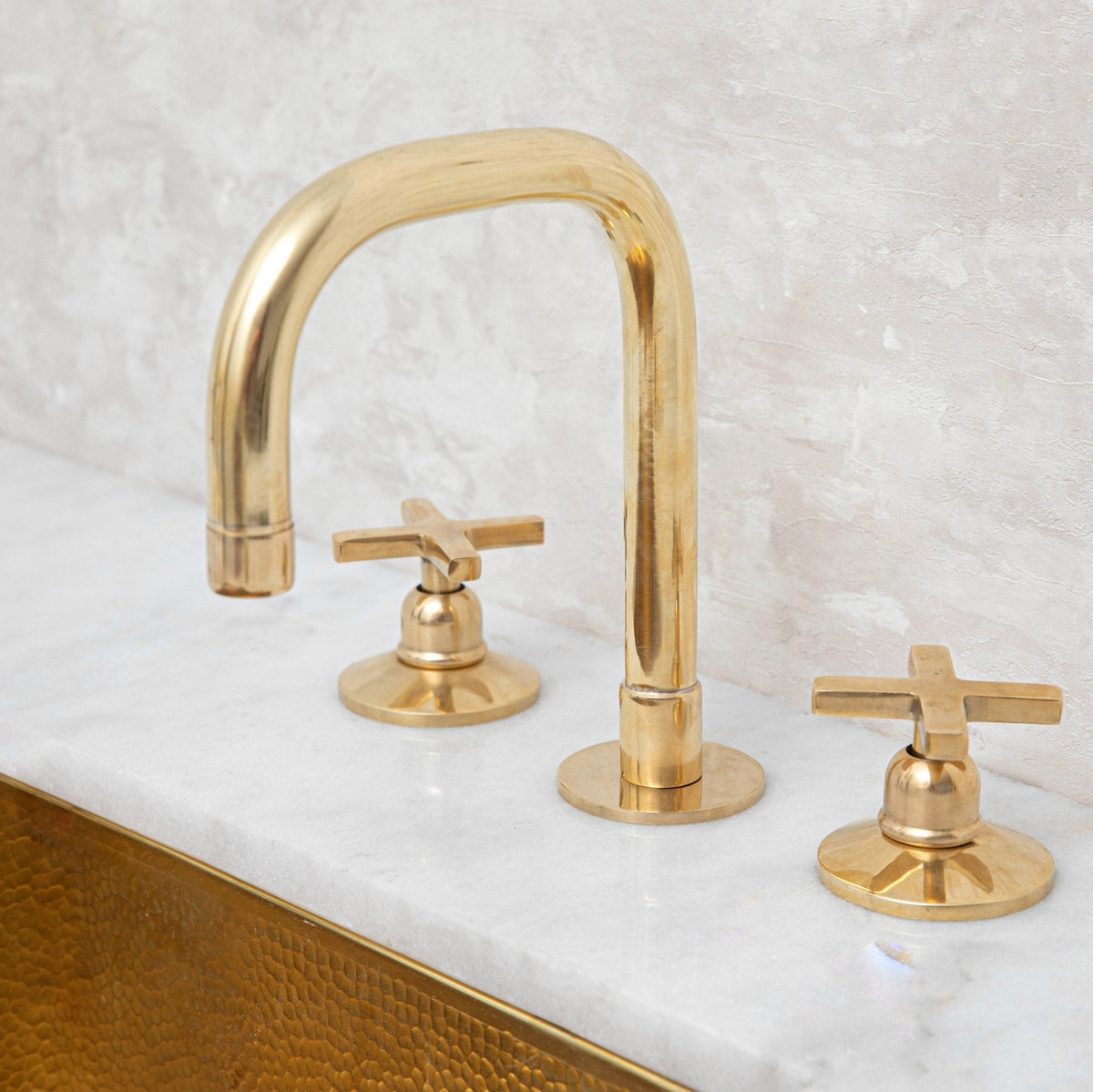 Unlacquered Brass 3 Holes Widespread Faucet - Deck Mount Brass Bathroom Tap - handcrafted luxury Bathroom Faucets for kitchen and bathroom interiors by Brooklyn Brass