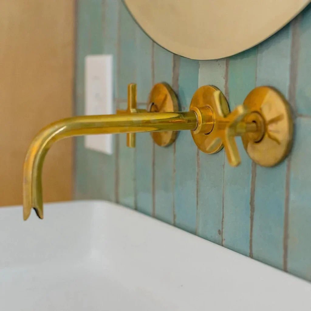 Unlacquered Brass Bathroom Faucet - Antique Brass Wall Mount Faucet - handcrafted luxury Bathroom Faucets for kitchen and bathroom interiors by Brooklyn Brass
