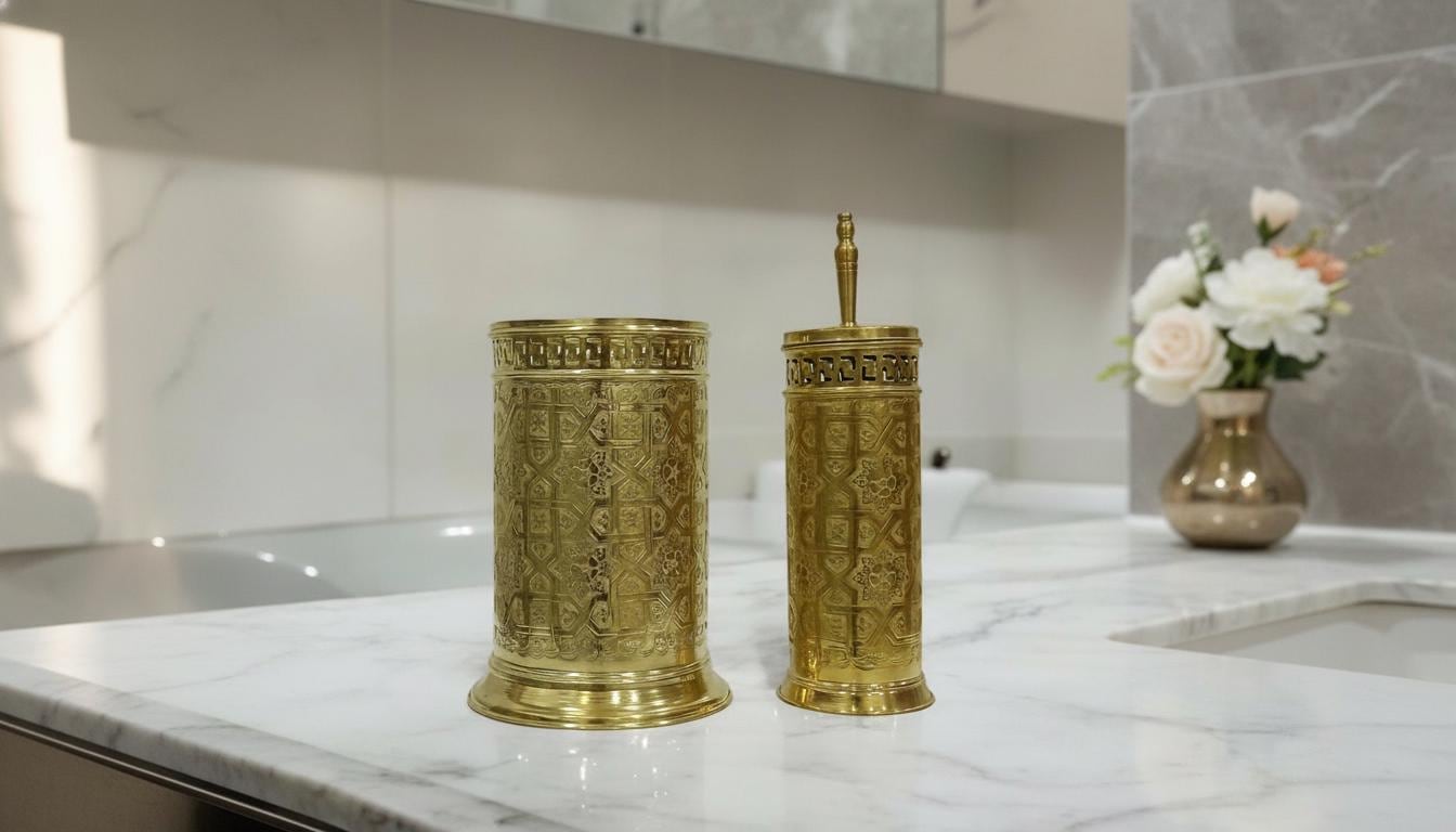 Unlacquered Brass Bathroom Set, Moroccan Basket Bin, Brush Holder, Vintage Decor - handcrafted luxury for kitchen and bathroom interiors by Brooklyn Brass