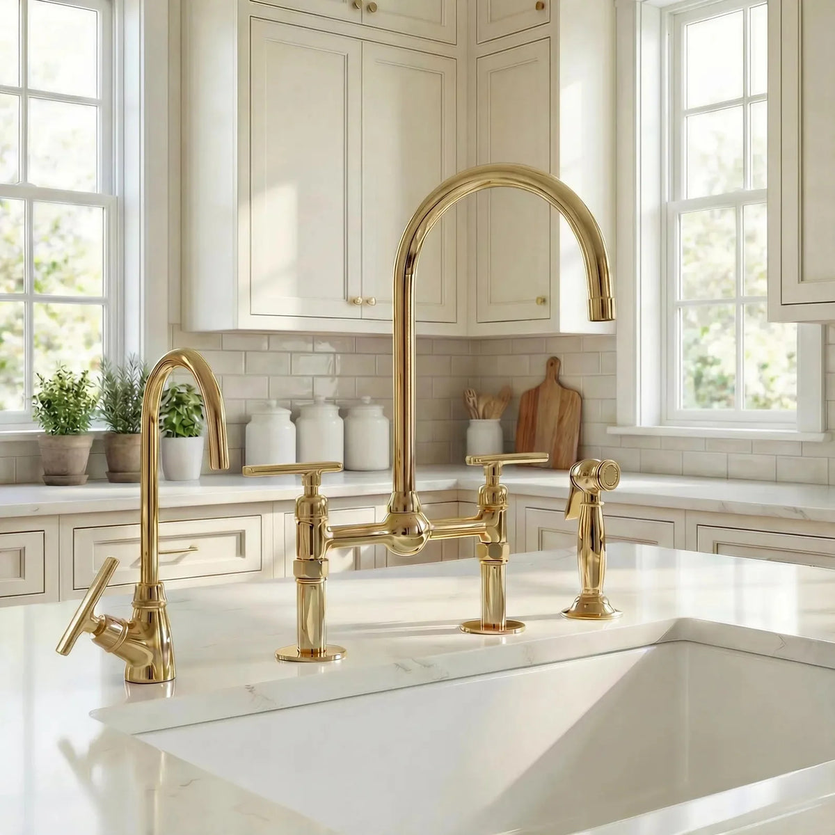 Unlacquered Brass Bridge Kitchen Faucet: 8-Inch with Side Sprayer