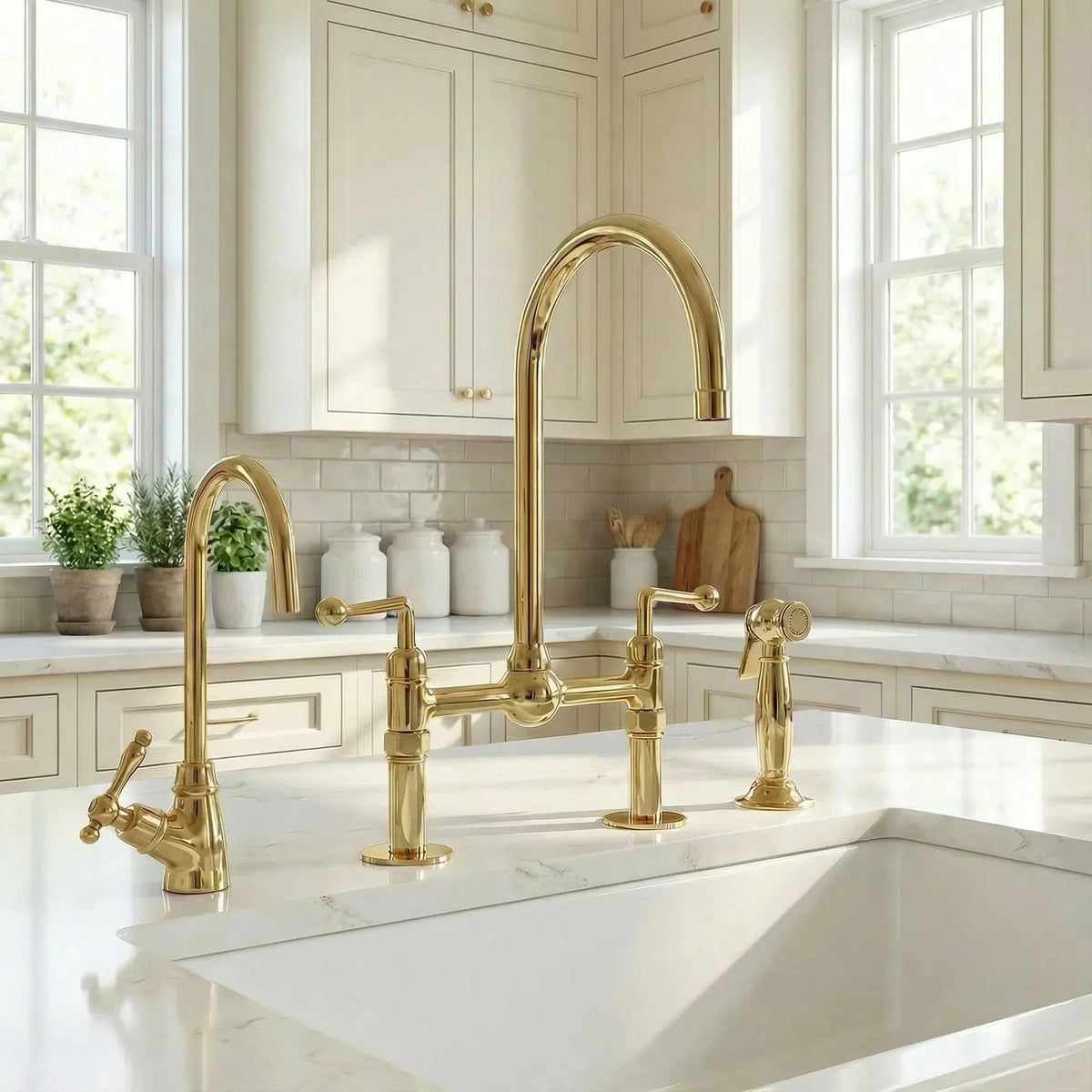 Unlacquered Brass Bridge Kitchen Faucet: 8-Inch with Side Sprayer