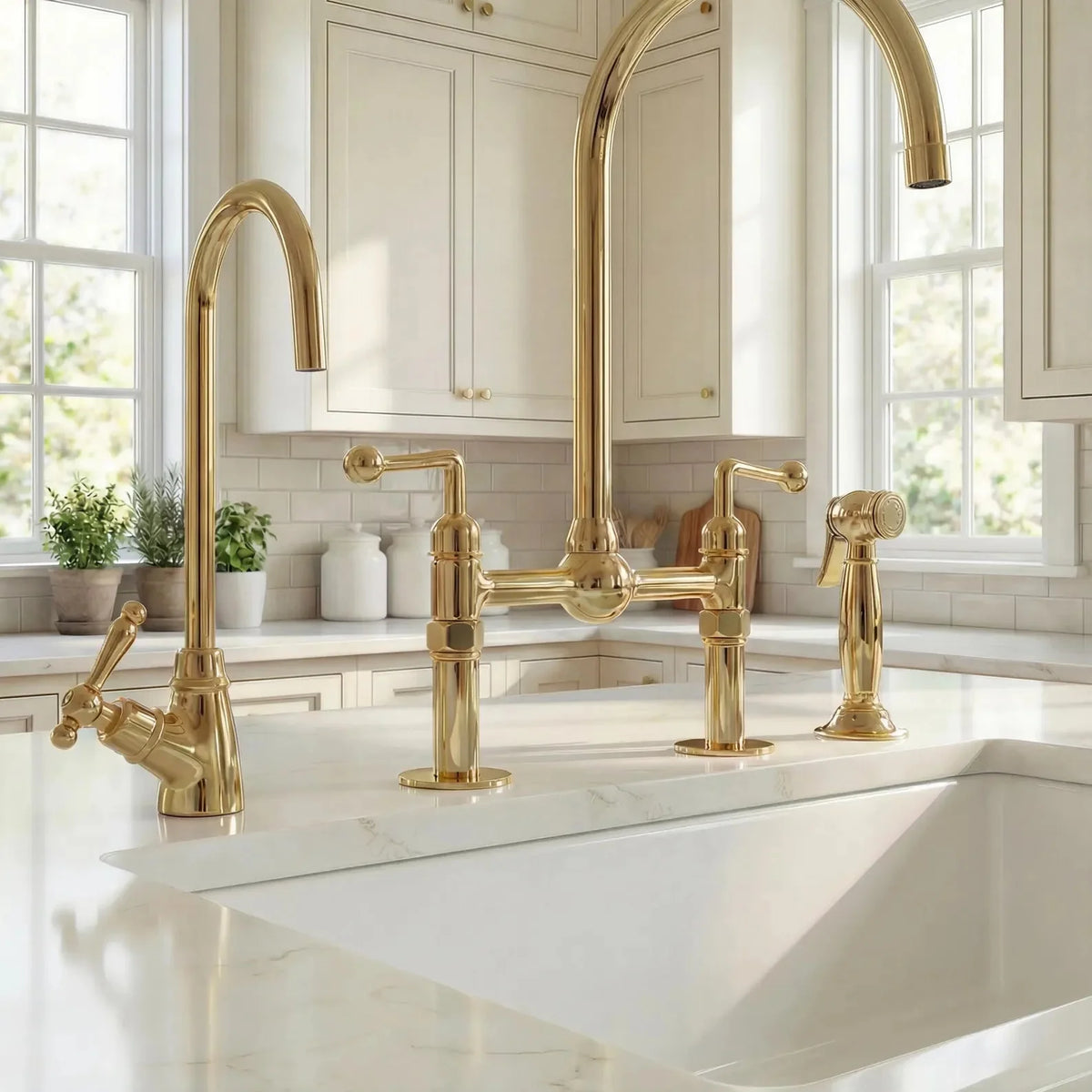 Unlacquered Brass Bridge Kitchen Faucet: 8-Inch with Side Sprayer