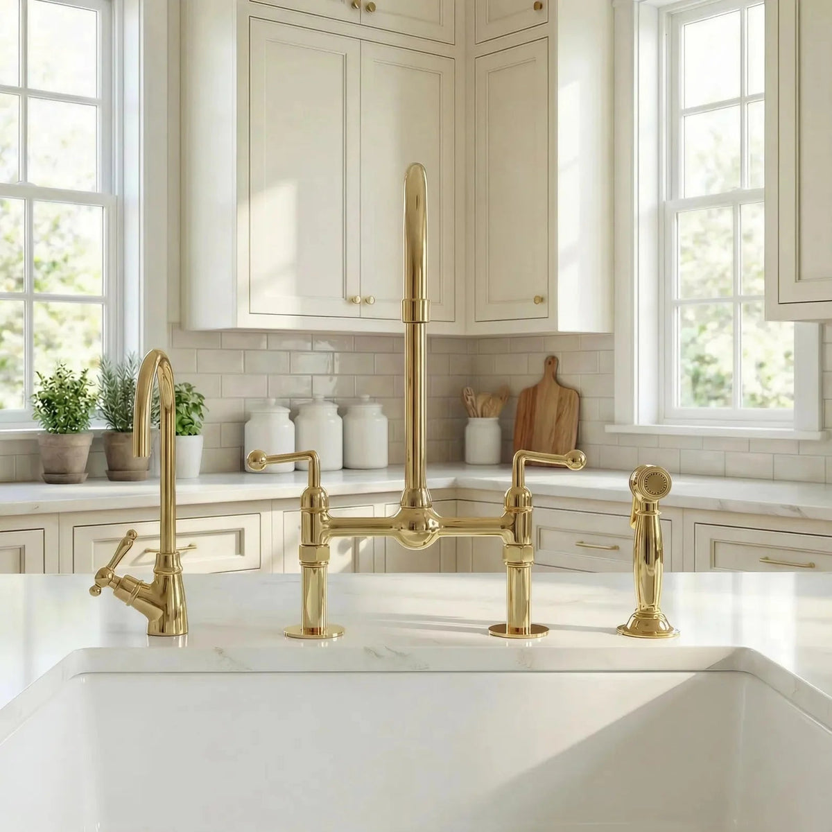Unlacquered Brass Bridge Kitchen Faucet: 8 - Inch with Side Sprayer - handcrafted luxury Kitchen Faucets for kitchen and bathroom interiors by Brooklyn Brass