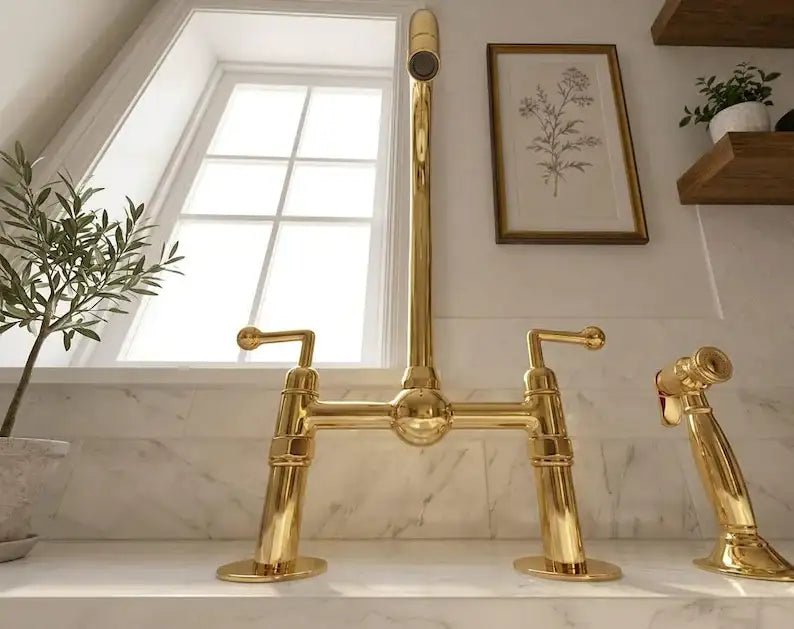 Unlacquered Brass Bridge Kitchen Faucet: 8-Inch with Side Sprayer - handcrafted luxury Kitchen Faucets for kitchen and bathroom interiors by Brooklyn Brass