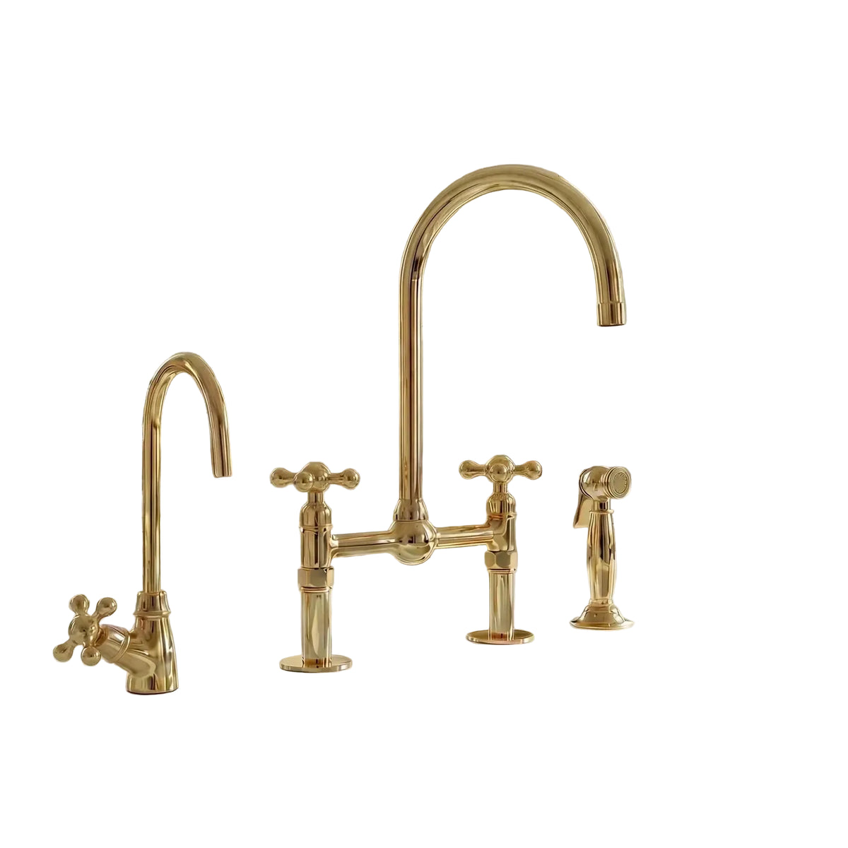 Unlacquered Brass Bridge Kitchen Faucet: 8 - Inch with Side Sprayer - handcrafted luxury Kitchen Faucets for kitchen and bathroom interiors by Brooklyn Brass