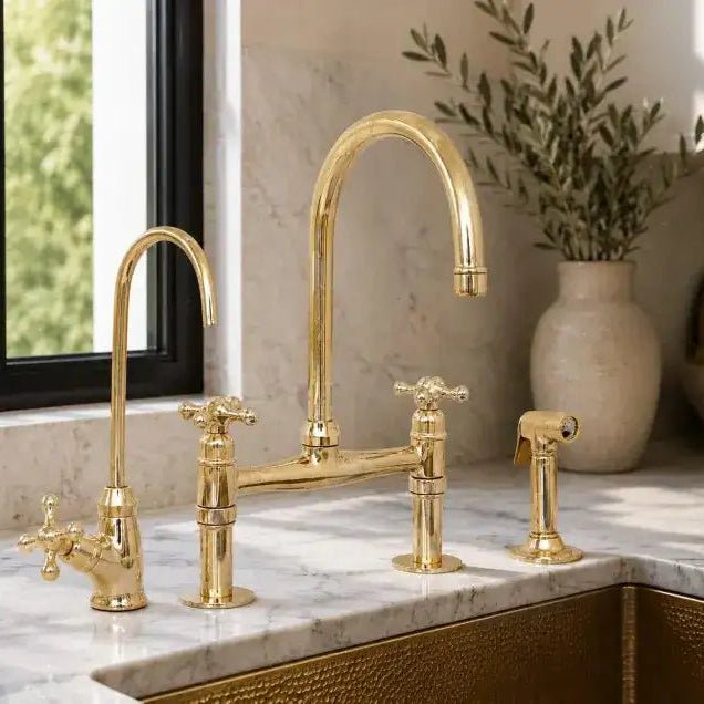Unlacquered Brass Bridge Kitchen Faucet - Solid Brass Kitchen Tap - handcrafted luxury Kitchen Faucets for kitchen and bathroom interiors by Brooklyn Brass