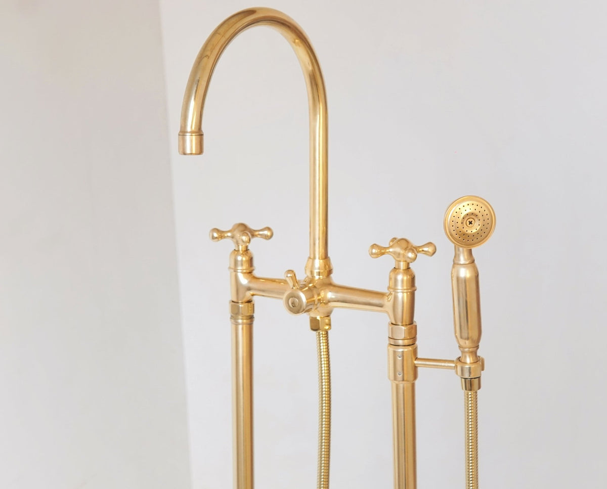 Unlacquered Brass Floor Mounted Bath Tub Filler - handcrafted luxury Showers for kitchen and bathroom interiors by Brooklyn Brass