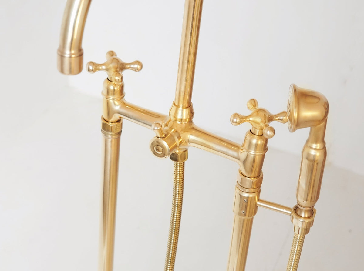 Unlacquered Brass Floor Mounted Bath Tub Filler - handcrafted luxury Showers for kitchen and bathroom interiors by Brooklyn Brass