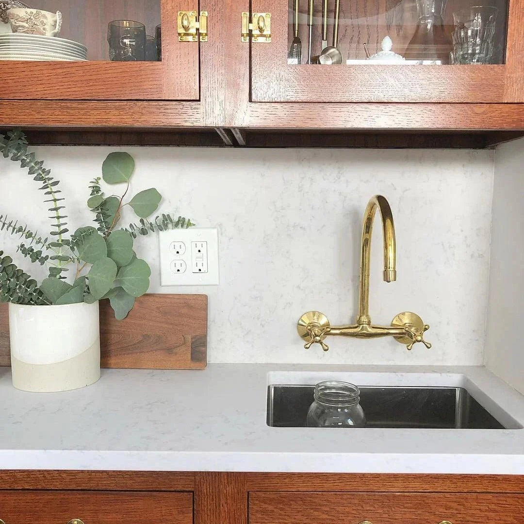 Unlacquered Brass Kitchen Wall Mount Faucet, Gooseneck Faucet - handcrafted luxury Kitchen Faucets for kitchen and bathroom interiors by Brooklyn Brass