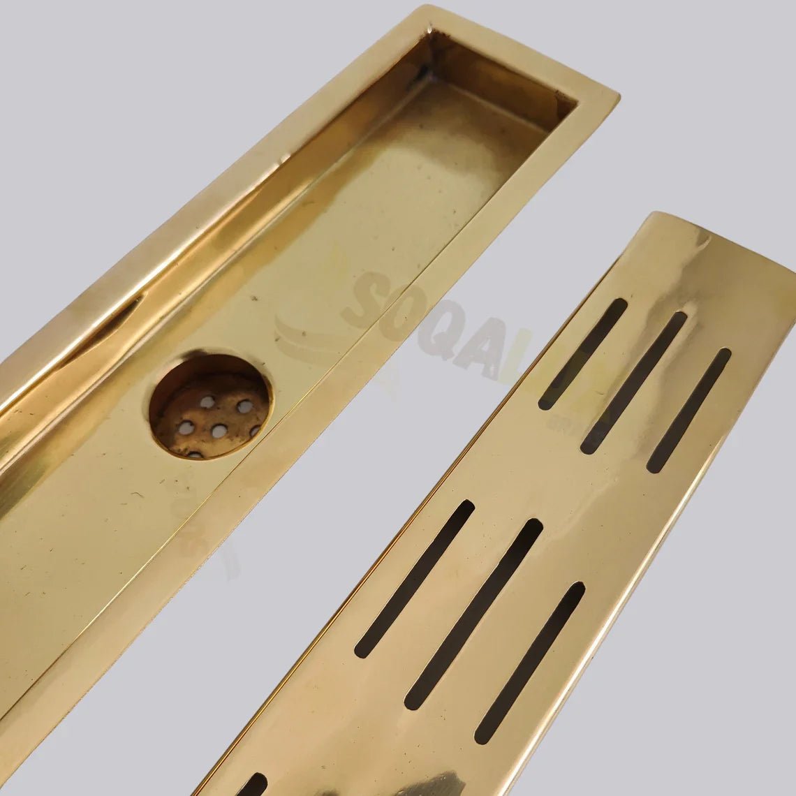 Unlacquered Brass Linear Floor Drain for Modern Bathrooms - handcrafted luxury Hardware and Drains for kitchen and bathroom interiors by Brooklyn Brass