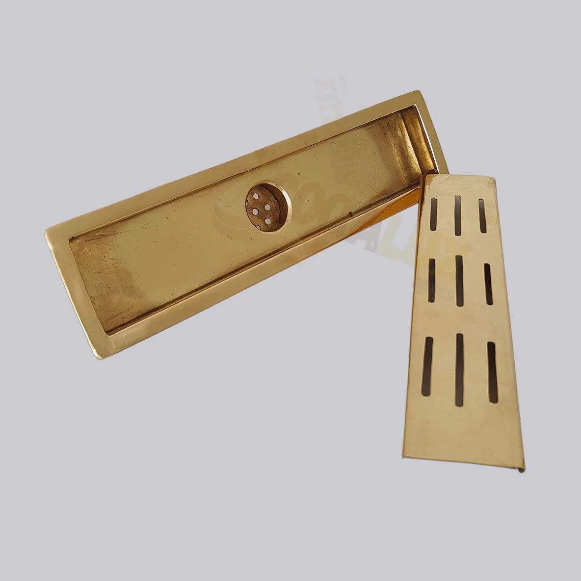 Unlacquered Brass Linear Floor Drain for Modern Bathrooms - handcrafted luxury Hardware and Drains for kitchen and bathroom interiors by Brooklyn Brass