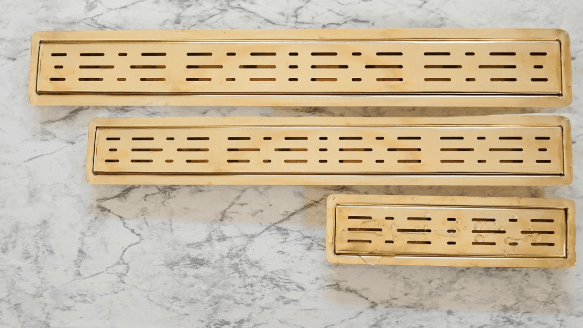 Unlacquered Brass Linear Floor Drain, Solid Brass Rectangular Shower Drain - handcrafted luxury Hardware and Drains for kitchen and bathroom interiors by Brooklyn Brass