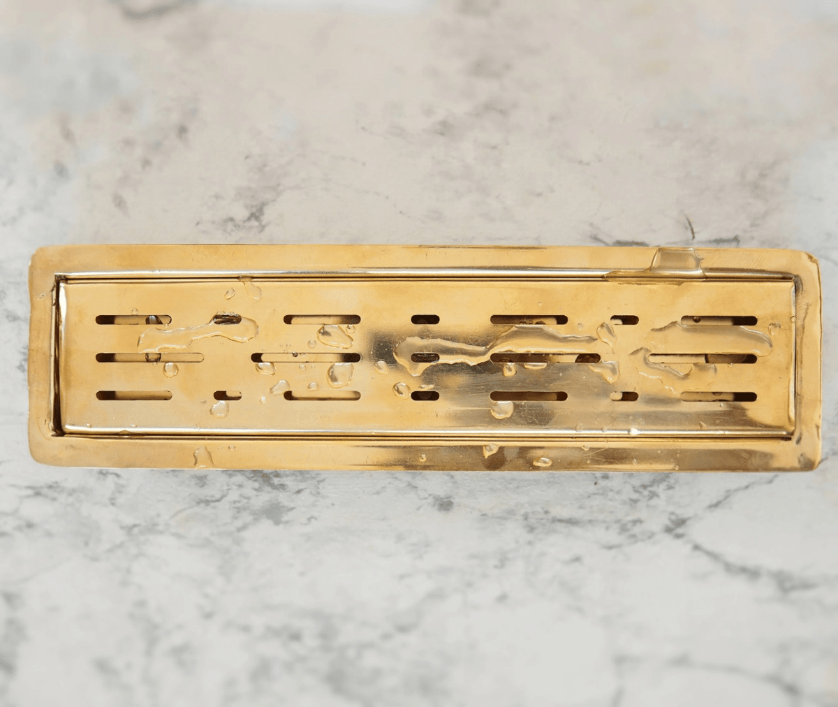 Unlacquered Brass Linear Floor Drain, Solid Brass Rectangular Shower Drain - handcrafted luxury Hardware and Drains for kitchen and bathroom interiors by Brooklyn Brass
