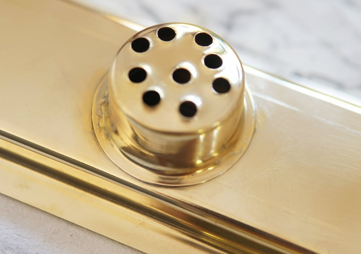 Unlacquered Brass Linear Floor Drain, Solid Brass Rectangular Shower Drain - handcrafted luxury Hardware and Drains for kitchen and bathroom interiors by Brooklyn Brass