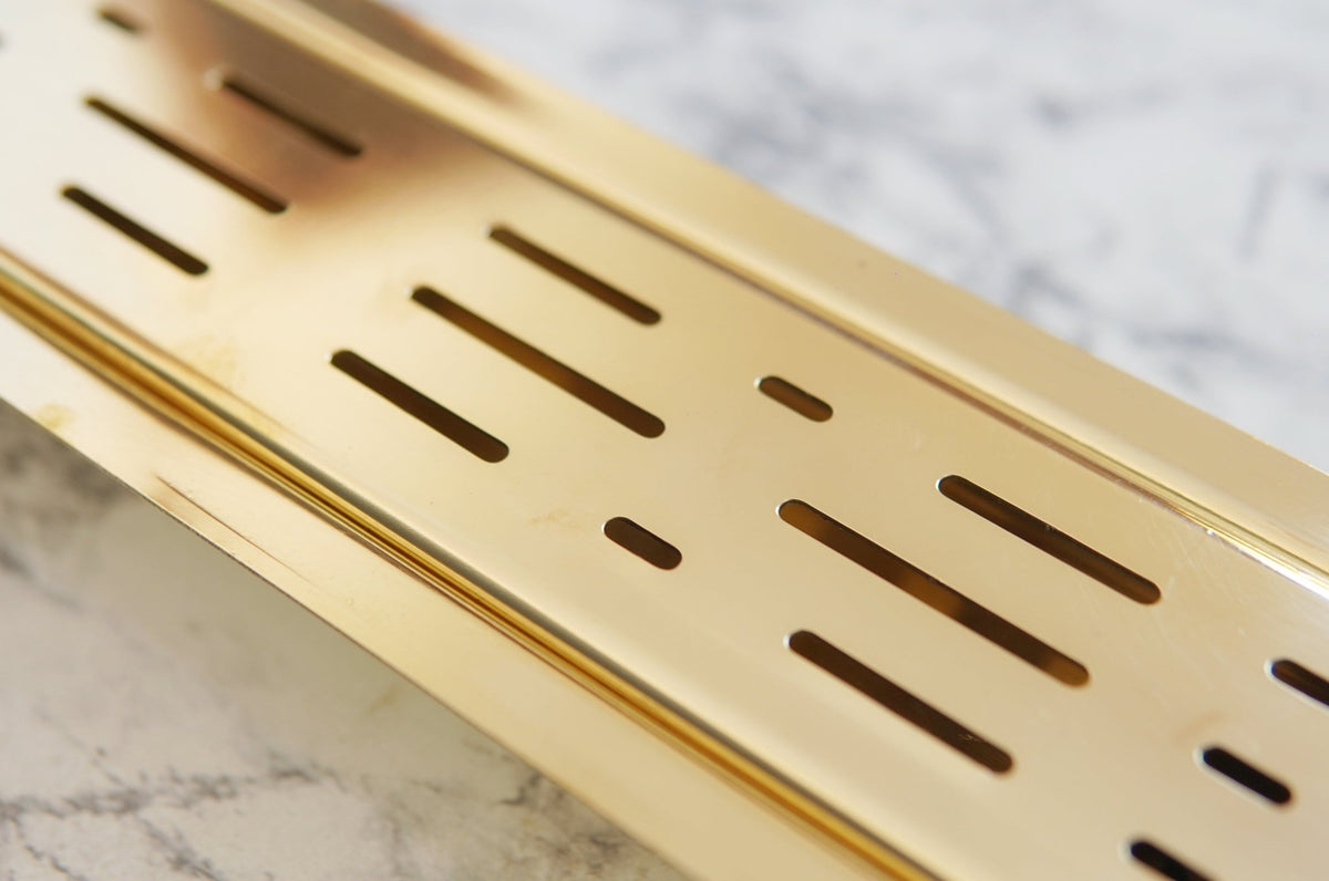Unlacquered Brass Linear Floor Drain, Solid Brass Rectangular Shower Drain - handcrafted luxury Hardware and Drains for kitchen and bathroom interiors by Brooklyn Brass