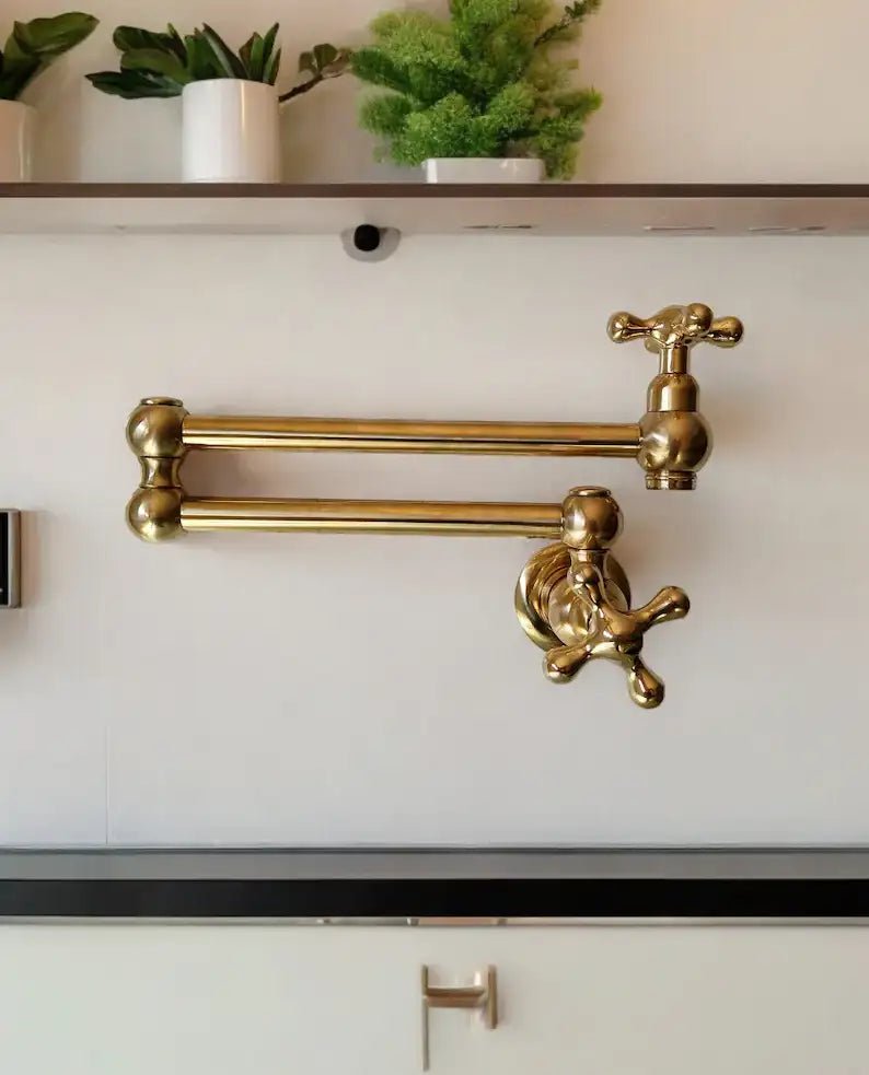 Unlacquered Brass Pot Filler Kitchen Faucet, Stove Pot, Wall Mount Pot Filler - handcrafted luxury Kitchen Faucets for kitchen and bathroom interiors by Brooklyn Brass