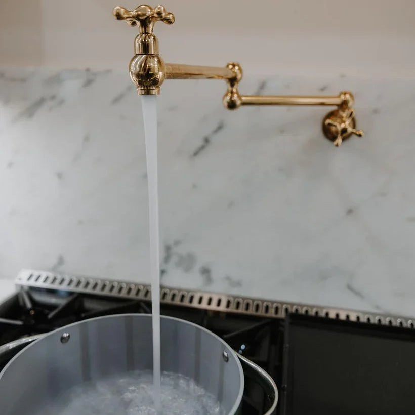 Unlacquered Brass Pot Filler Kitchen Faucet, Stove Pot, Wall Mount Pot Filler - handcrafted luxury Kitchen Faucets for kitchen and bathroom interiors by Brooklyn Brass
