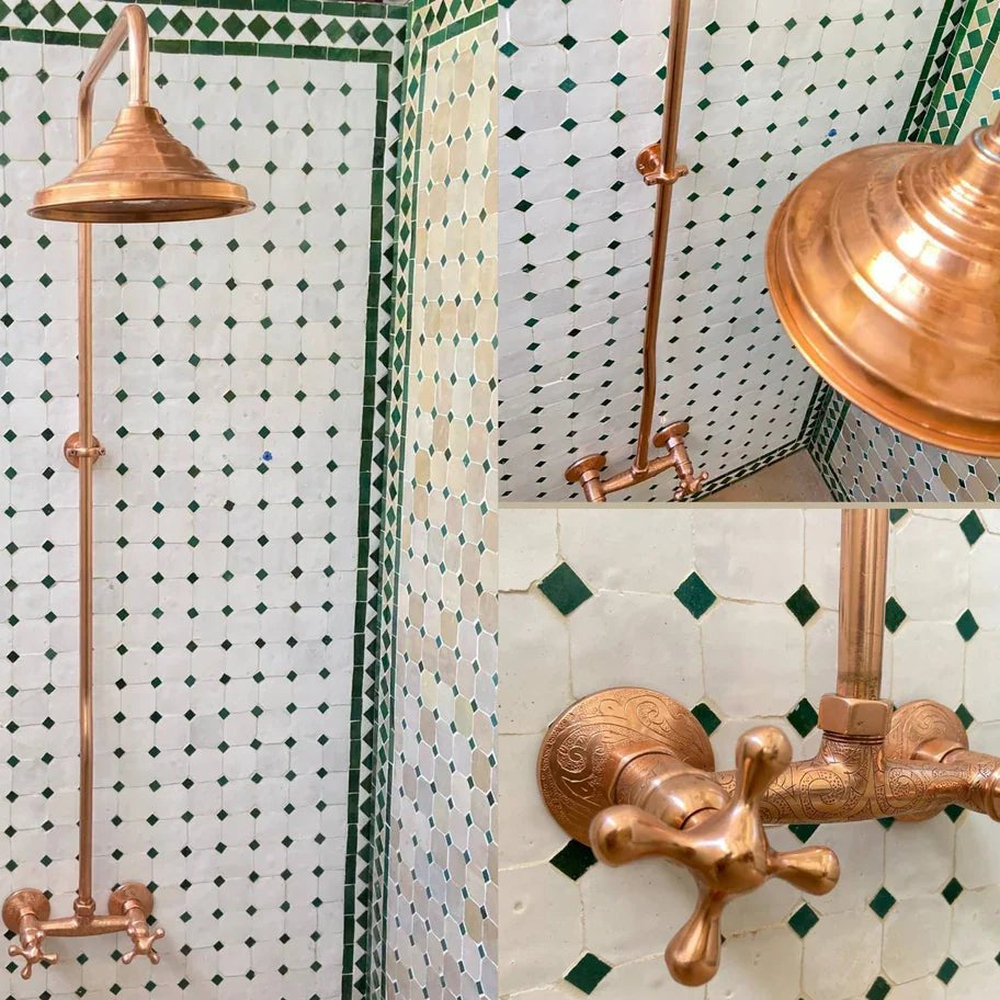 Unlacquered Brass Shower System, Vintage Head Combo, Exposed Pipe - handcrafted luxury Shower Systems for kitchen and bathroom interiors by Brooklyn Brass