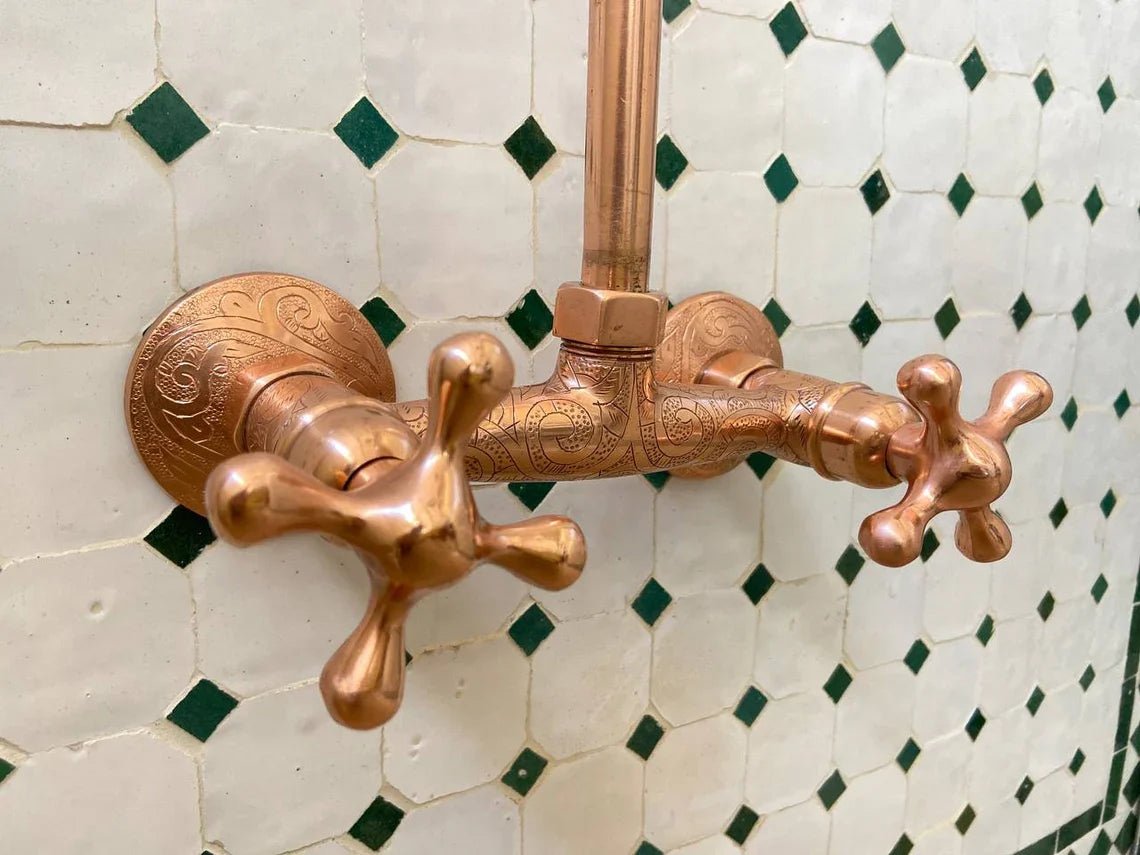 Unlacquered Brass Shower System, Vintage Head Combo, Exposed Pipe - handcrafted luxury Shower Systems for kitchen and bathroom interiors by Brooklyn Brass