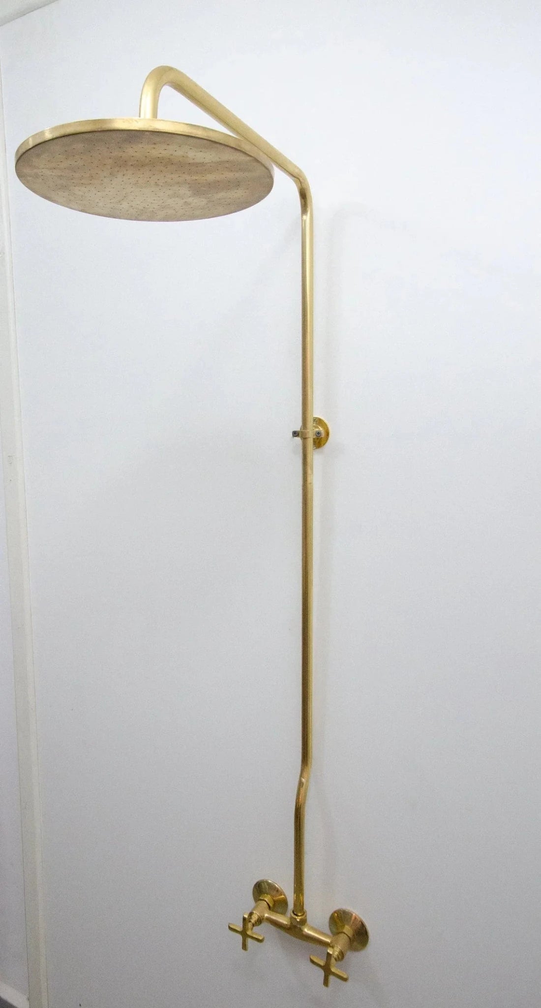 Unlacquered Brass Shower System, Vintage Head Combo, Exposed Pipe - handcrafted luxury Shower Systems for kitchen and bathroom interiors by Brooklyn Brass