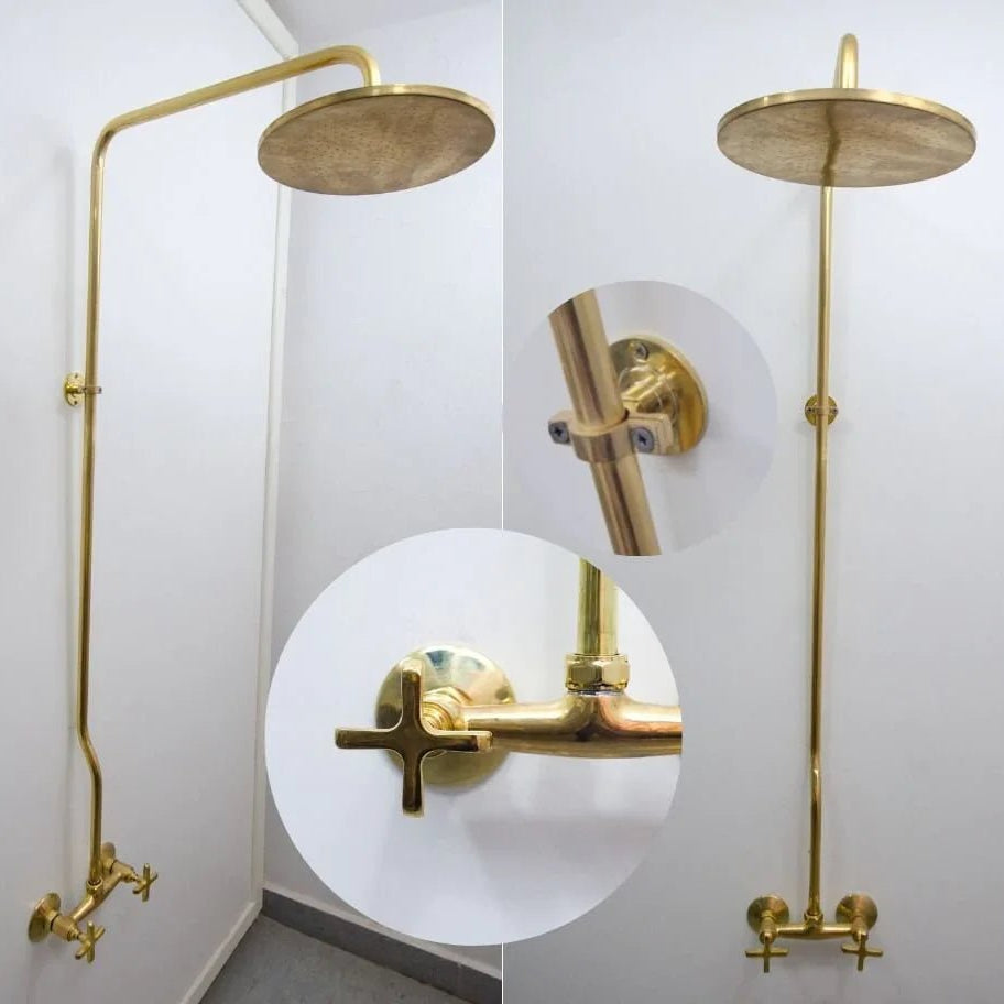 Unlacquered Brass Shower System, Vintage Head Combo, Exposed Pipe - handcrafted luxury Shower Systems for kitchen and bathroom interiors by Brooklyn Brass