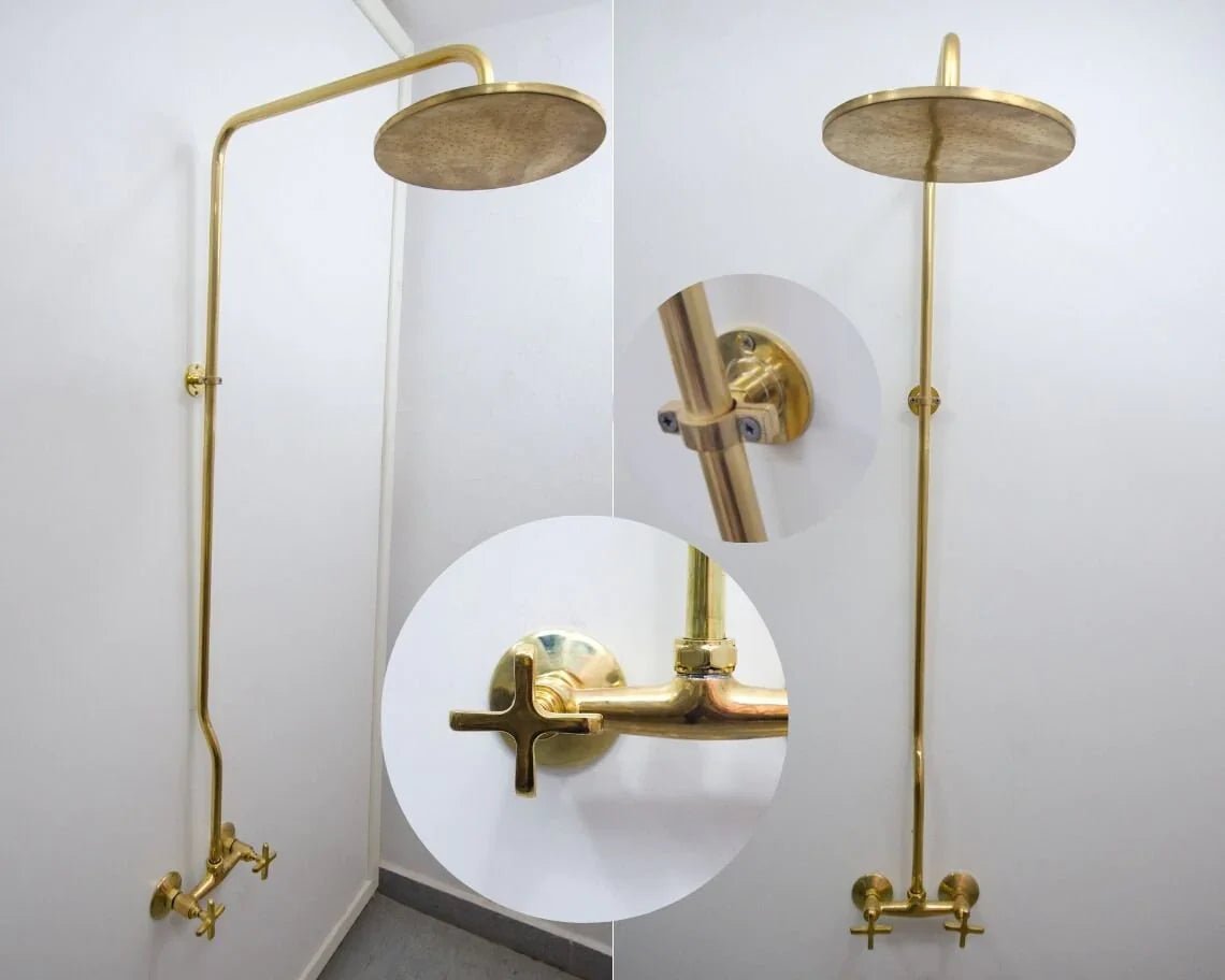 Unlacquered Brass Shower System, Vintage Head Combo, Exposed Pipe - handcrafted luxury Shower Systems for kitchen and bathroom interiors by Brooklyn Brass