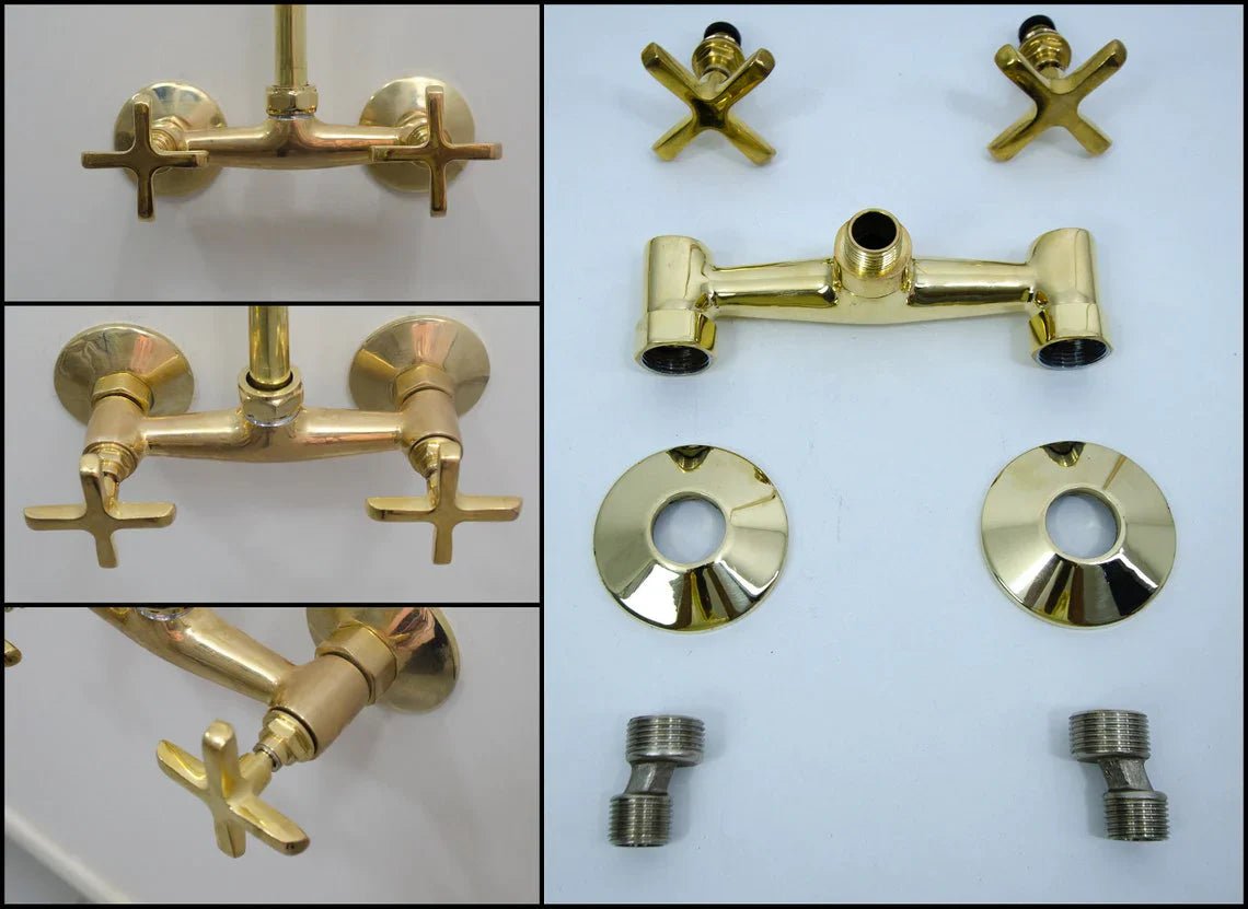 Unlacquered Brass Shower System, Vintage Head Combo, Exposed Pipe - handcrafted luxury Shower Systems for kitchen and bathroom interiors by Brooklyn Brass