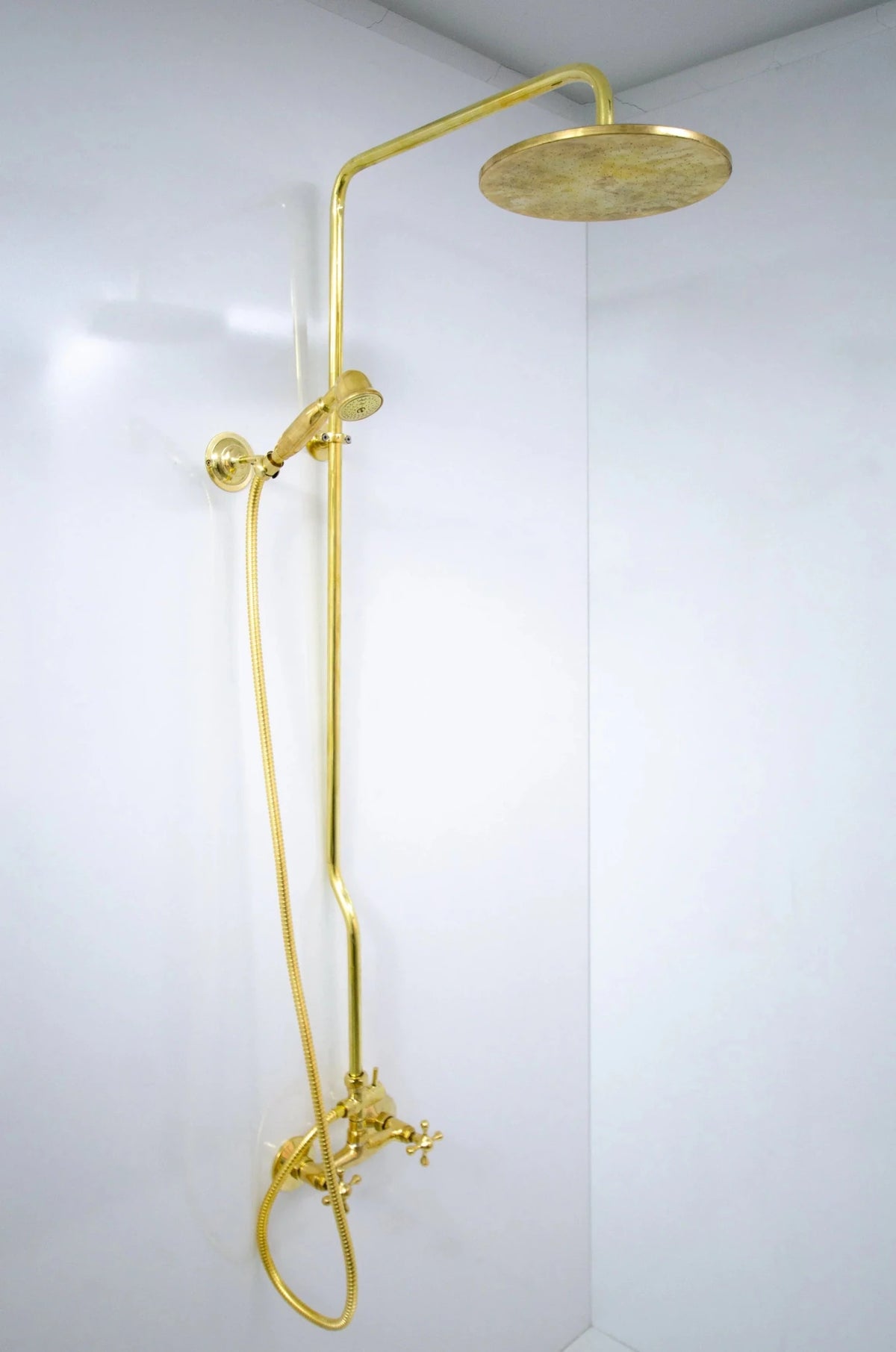 Unlacquered Brass Shower System with Handheld - Solid Brass Exposed Shower - handcrafted luxury Shower Systems for kitchen and bathroom interiors by Brooklyn Brass