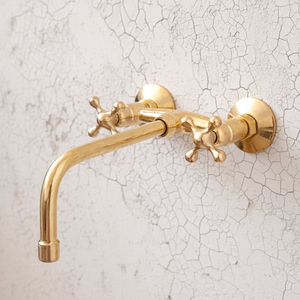 Unlacquered Brass Wall Mount Faucet for Bathroom and Kitchen - handcrafted luxury Kitchen Faucets for kitchen and bathroom interiors by Brooklyn Brass