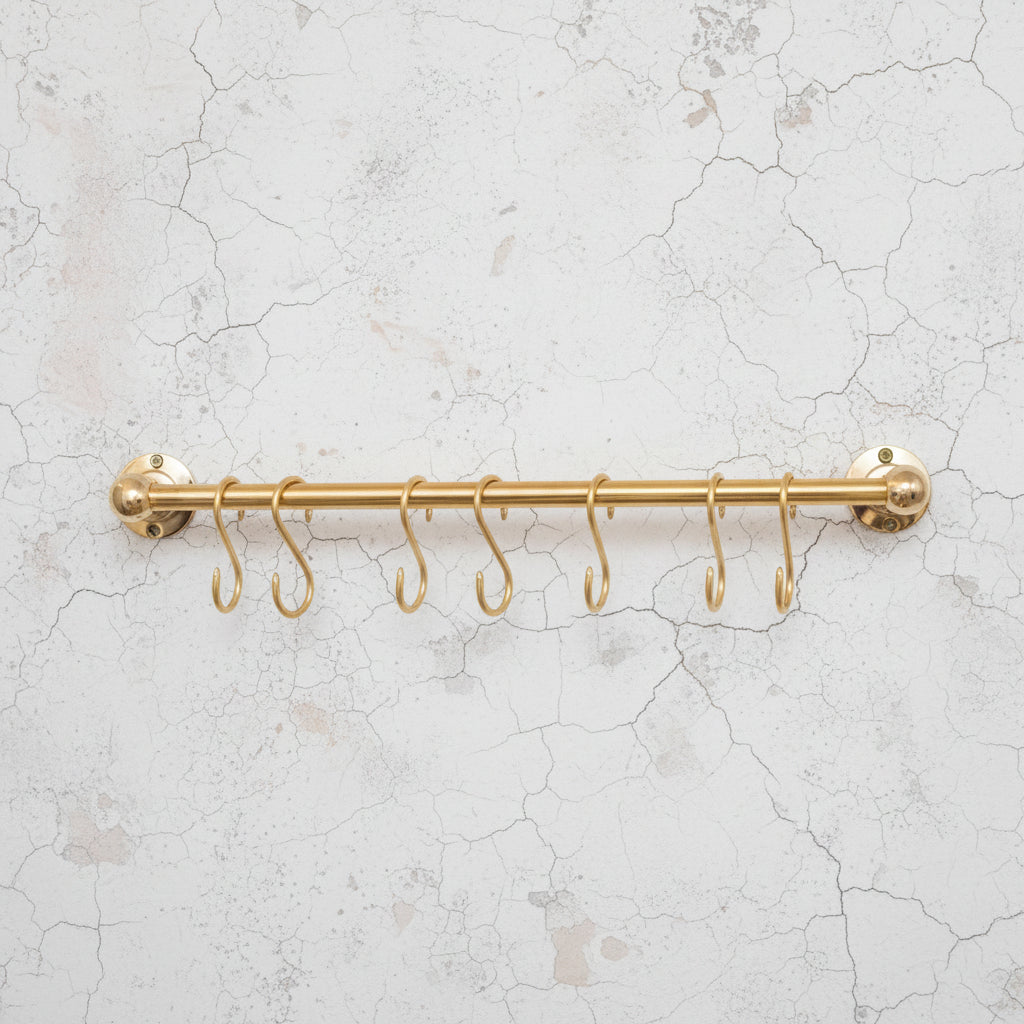 Unlacquered Brass Wall Mount Pot Rail Bar With Hooks, Brass Pot Rack - handcrafted luxury Hardware and Drains for kitchen and bathroom interiors by Brooklyn Brass