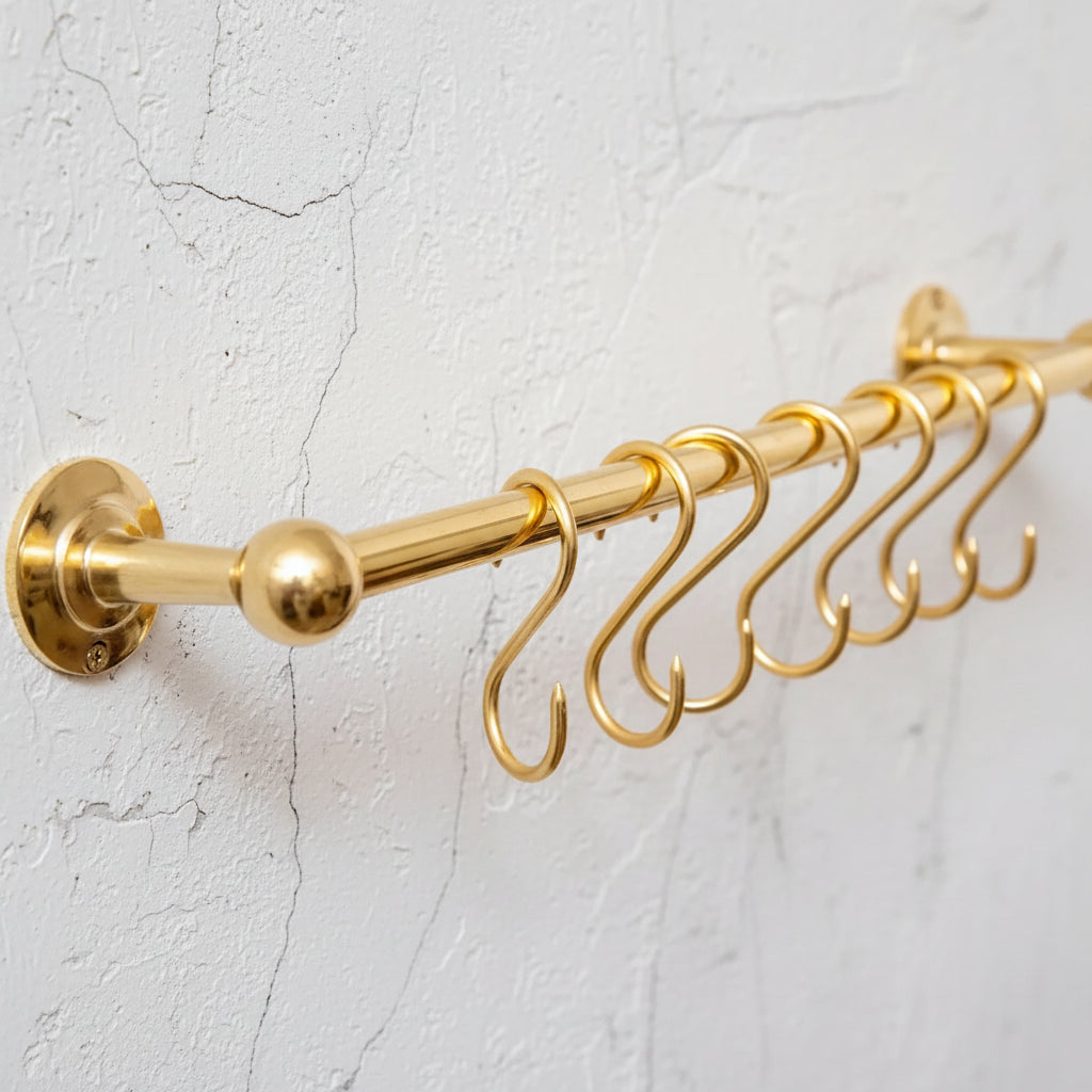 Unlacquered Brass Wall Mount Pot Rail Bar With Hooks, Brass Pot Rack - handcrafted luxury Hardware and Drains for kitchen and bathroom interiors by Brooklyn Brass