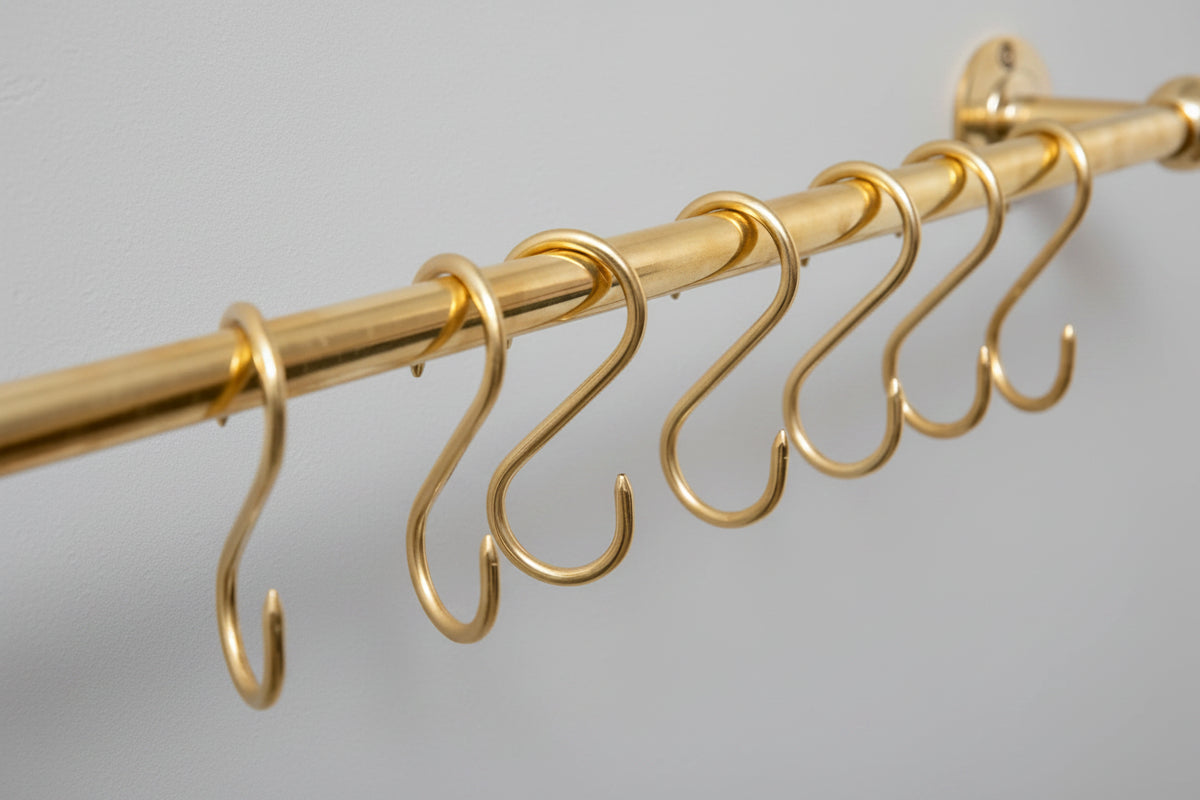Unlacquered Brass Wall Mount Pot Rail Bar With Hooks, Brass Pot Rack - handcrafted luxury Hardware and Drains for kitchen and bathroom interiors by Brooklyn Brass