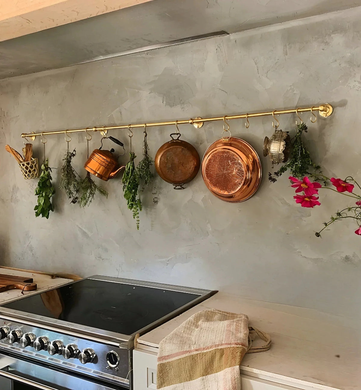 Unlacquered Brass Wall Mount Pot Rail Bar With Hooks, Brass Pot Rack - handcrafted luxury Hardware and Drains for kitchen and bathroom interiors by Brooklyn Brass