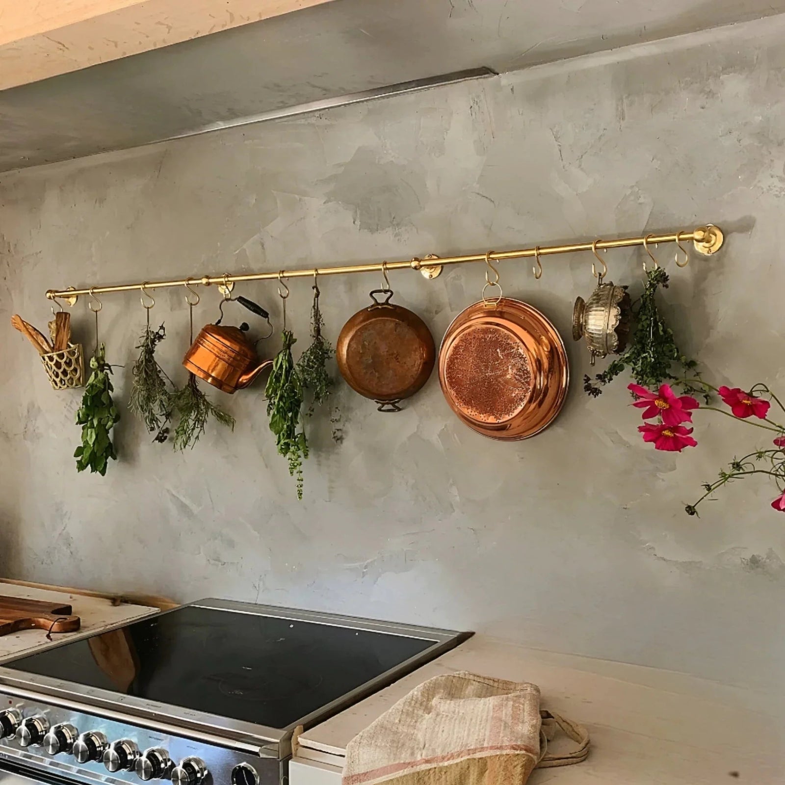Unlacquered Brass Wall Mount Pot Rail Bar With Hooks, Brass Pot Rack - handcrafted luxury Hardware and Drains for kitchen and bathroom interiors by Brooklyn Brass