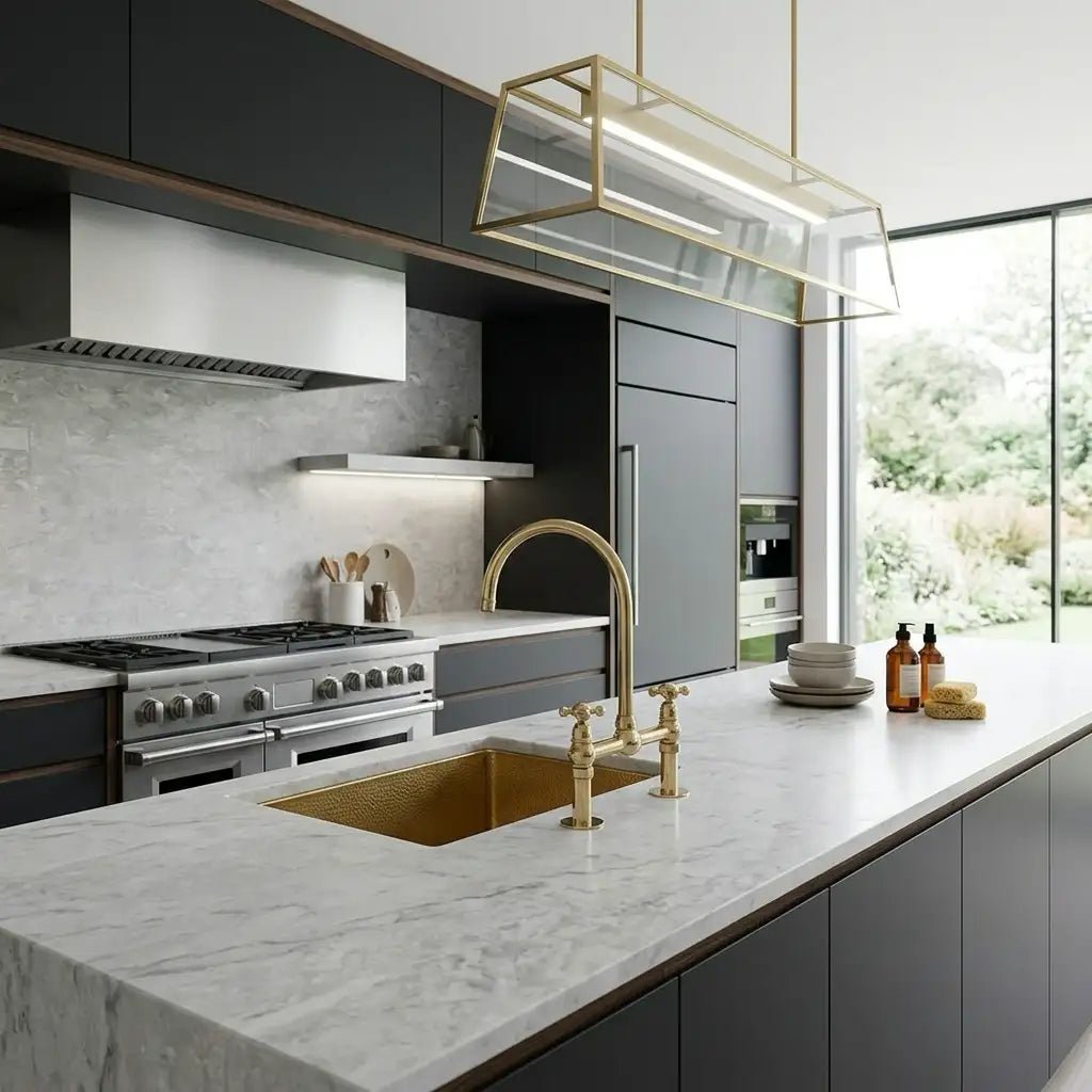 Unlacquered Solid Brass Bridge Faucet, Vintage Kitchen Sink Tap - handcrafted luxury Kitchen Faucets for kitchen and bathroom interiors by Brooklyn Brass